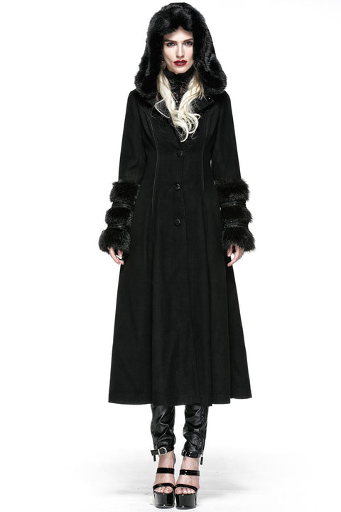 Winter Woolen Long Black Gothic Mantel für Frauen Zwei tragen Imitation Pelzmantel