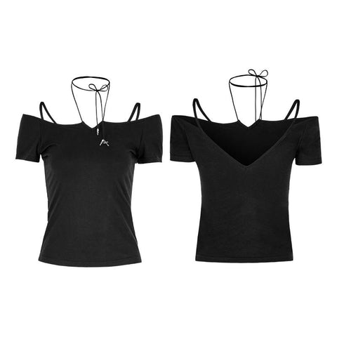Sexy Off The Shoulder Schlankes Gothic T-Shirt Krawattenseil Halskette Top