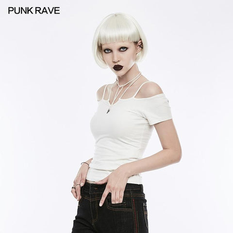 Sexy Off The Shoulder Schlankes Gothic T-Shirt Krawattenseil Halskette Top