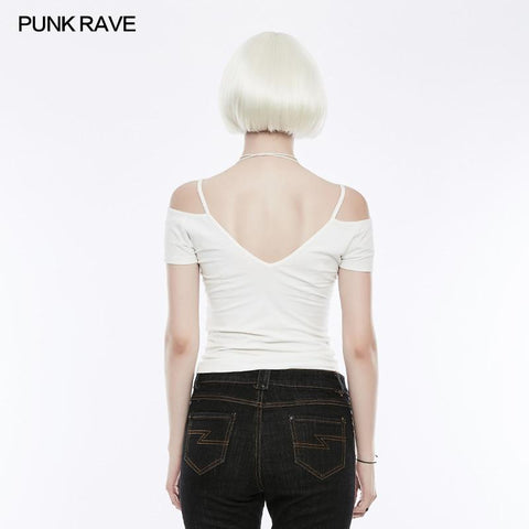 Sexy Off The Shoulder Schlankes Gothic T-Shirt Krawattenseil Halskette Top