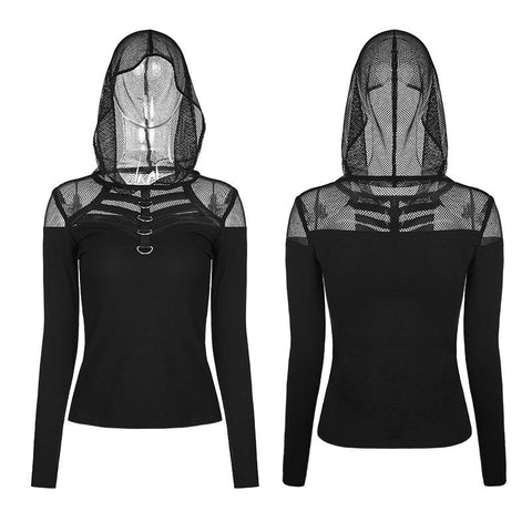 Schönes dehnbares Mesh Hooded Punk T-Shirt
