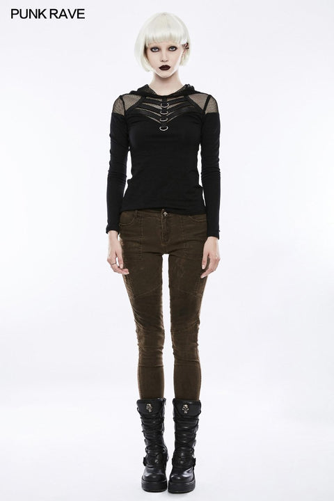 Schönes dehnbares Mesh Hooded Punk T-Shirt