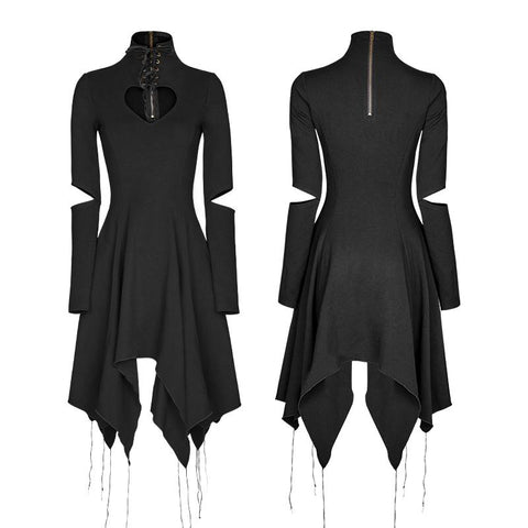 Hochwertiges elastisches sexy hohles gotisches Kleid mit Asymmetrie-Saum