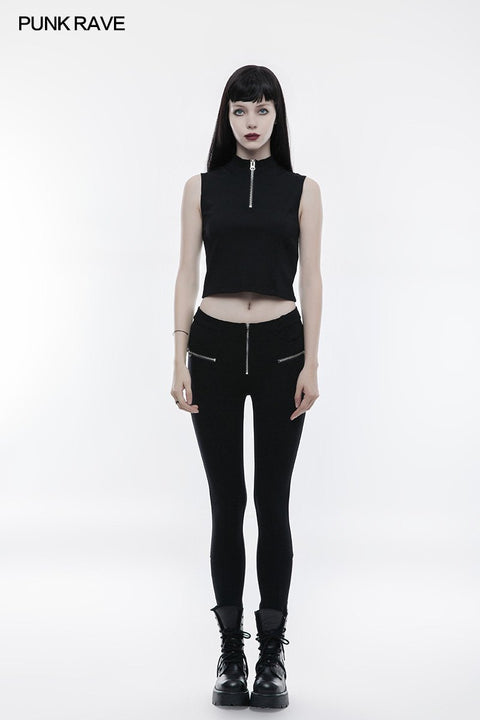 Sexy ärmelloses Reißverschluss-Punk-T-Shirt mit tragendem Seil-Design