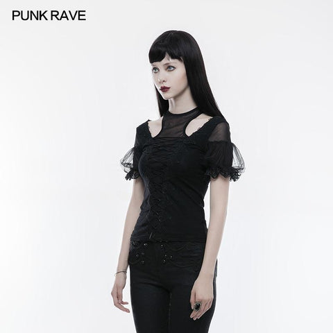 Wunderschönes Stretchbluse Kurzarm Gothic T-Shirt mit Spitze