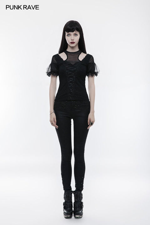 Wunderschönes Stretchbluse Kurzarm Gothic T-Shirt mit Spitze