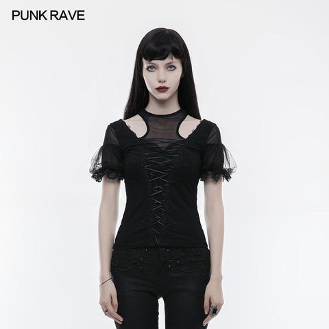Wunderschönes Stretchbluse Kurzarm Gothic T-Shirt mit Spitze
