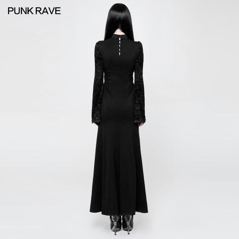 Exquisites gotisches Spitzen-Strickkleid mit halbtransparentem Stehkragen-Design vorne