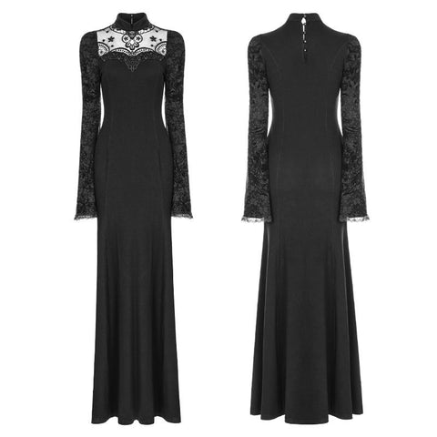 Exquisites gotisches Spitzen-Strickkleid mit halbtransparentem Stehkragen-Design vorne