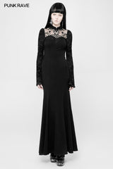 Exquisites gotisches Spitzen-Strickkleid mit halbtransparentem Stehkragen-Design vorne