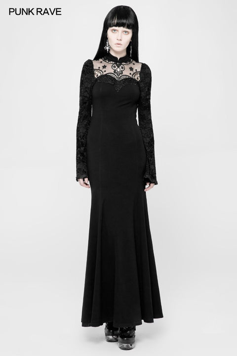 Exquisites gotisches Spitzen-Strickkleid mit halbtransparentem Stehkragen-Design vorne