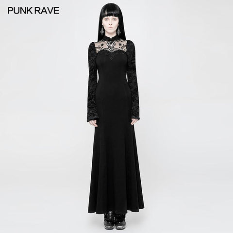 Exquisites gotisches Spitzen-Strickkleid mit halbtransparentem Stehkragen-Design vorne
