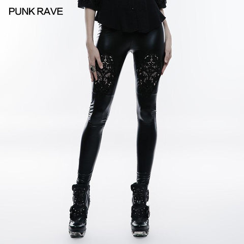 Stretch Glossy Leather Lace Positioning Flower Gothic Leggings