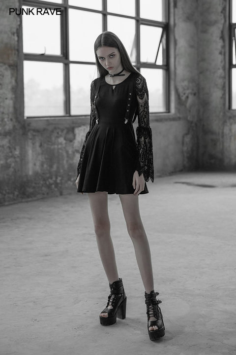 Punk-Kleid mit Spitzenärmeln für Frauen und Riemen-Design