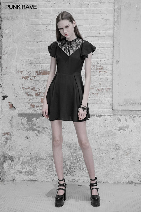 Elegantes Gothic-Kleid mit Chiffon-V-Kragen und Spitze
