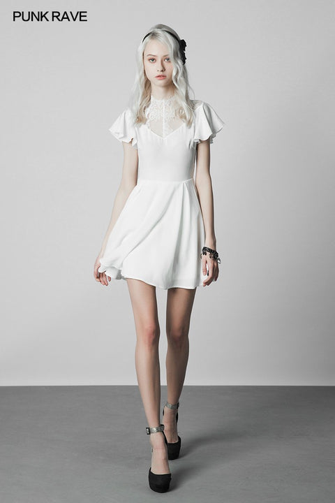 Elegantes Gothic-Kleid mit Chiffon-V-Kragen und Spitze