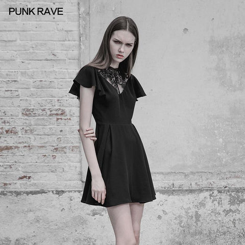 Elegantes Gothic-Kleid mit Chiffon-V-Kragen und Spitze