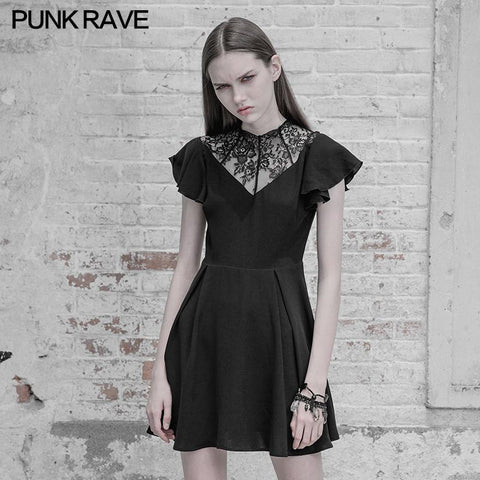 Elegantes Gothic-Kleid mit Chiffon-V-Kragen und Spitze
