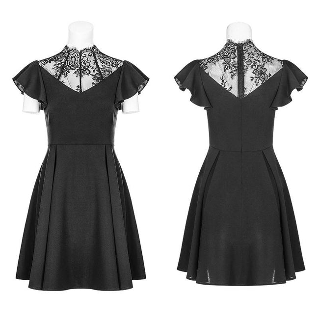 Elegantes Gothic-Kleid mit Chiffon-V-Kragen und Spitze