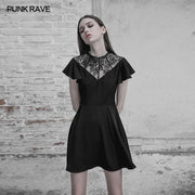 Elegantes Gothic-Kleid mit Chiffon-V-Kragen und Spitze