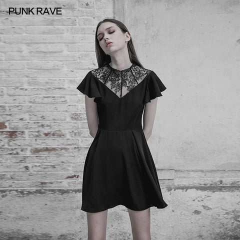 Elegantes Gothic-Kleid mit Chiffon-V-Kragen und Spitze