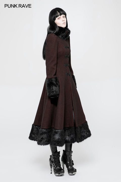 Gotischer schwarz-roter langer Wintermantel aus Wolle, dekoriert mit Pelzimitat