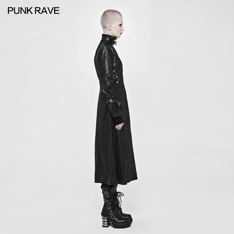Punk Darkness Stehkragen Leder Langer Mantel für Frauen