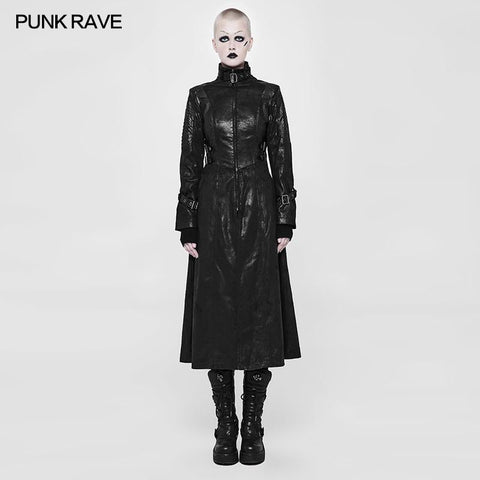 Punk Darkness Stehkragen Leder Langer Mantel für Frauen