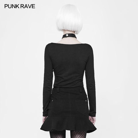 Frauen Punk gestrickt Langarm T-Shirt mit Choker Design