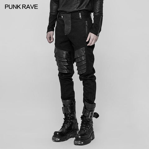 Herren Dark Punk Twill Jeanshose Leder Knie Rüstung Styling Hose