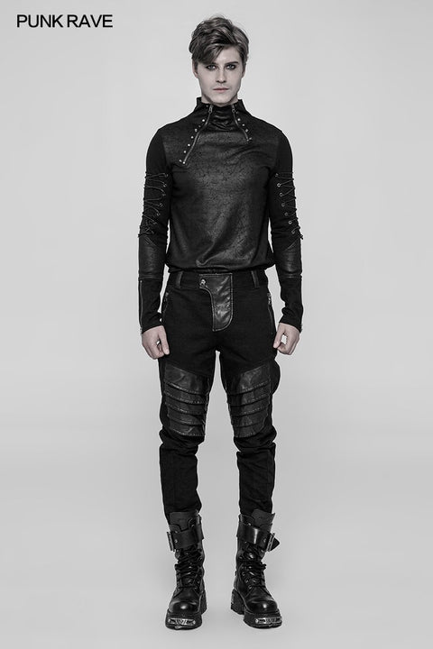 Herren Dark Punk Twill Jeanshose Leder Knie Rüstung Styling Hose
