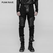 Herren Dark Punk Twill Jeanshose Leder Knie Rüstung Styling Hose