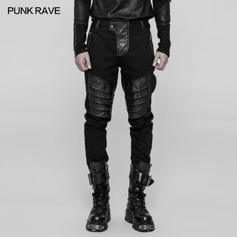 Herren Dark Punk Twill Jeanshose Leder Knie Rüstung Styling Hose