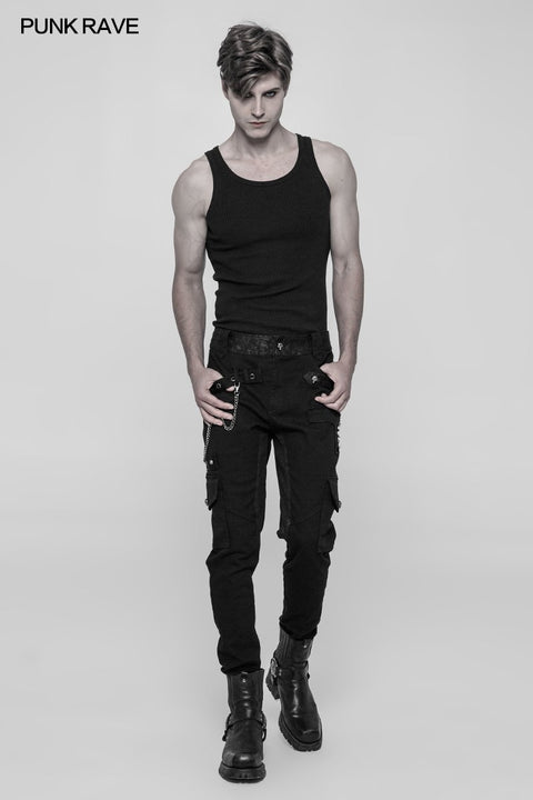 Heavy Metal Punk Hose für Herren mit doppelter Tasche und floral gewebter Taillenkopfhose