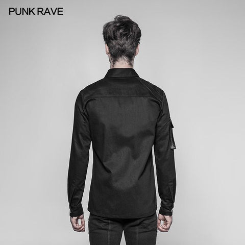 Herren Punk Heavy Woven und glänzendes Leder Spleißen Langarm Shirt