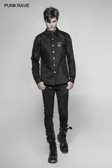 Herren Punk Heavy Woven und glänzendes Leder Spleißen Langarm Shirt
