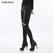 Frauen schwarze Knie gebrochene Löcher Punk Jeans Super Slim Elastic Denim Hose