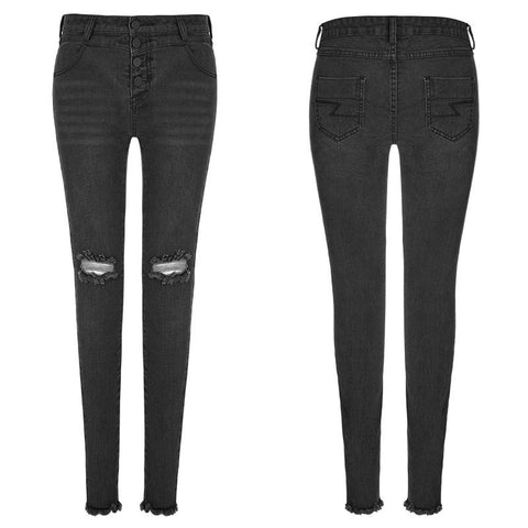 Frauen schwarze Knie gebrochene Löcher Punk Jeans Super Slim Elastic Denim Hose