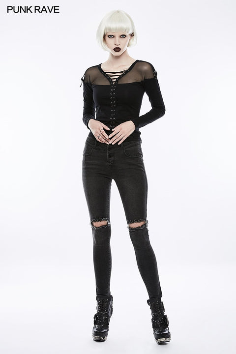 Frauen schwarze Knie gebrochene Löcher Punk Jeans Super Slim Elastic Denim Hose