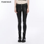 Frauen schwarz elastische Leder Punk Hose Persönlichkeit Strumpfhose mit Netzspitze auf der Taille