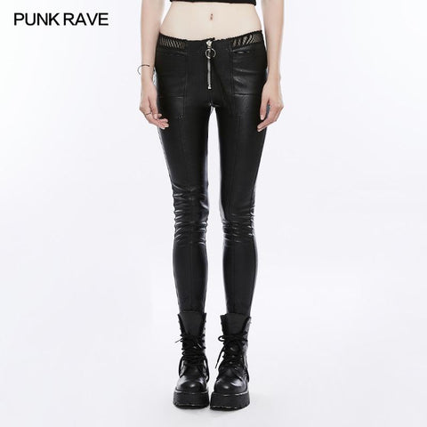 Frauen schwarz elastische Leder Punk Hose Persönlichkeit Strumpfhose mit Netzspitze auf der Taille