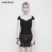 Damen schwarz elastisch eng strickend Punk T-Shirt schmal geschnittenes Top