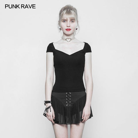 Damen schwarz elastisch eng strickend Punk T-Shirt schmal geschnittenes Top