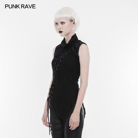 Persönlichkeit Asymmetrisches ärmelloses Punk-T-Shirt mit hohem Kragen und elastischem Strickoberteil mit Design am vorderen Tragegurt