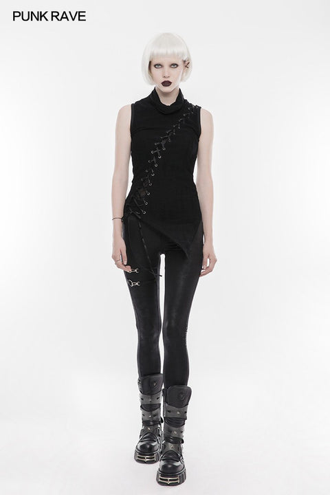 Persönlichkeit Asymmetrisches ärmelloses Punk-T-Shirt mit hohem Kragen und elastischem Strickoberteil mit Design am vorderen Tragegurt