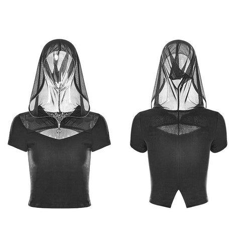 Sexy Short Punk Knitted Mesh Stitching Tight T-Shirt für Frauen mit Zipper Wizard Hat