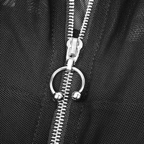 Sexy Short Punk Knitted Mesh Stitching Tight T-Shirt für Frauen mit Zipper Wizard Hat