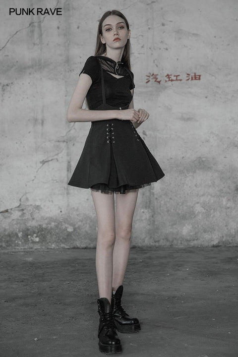 Sexy Short Punk Knitted Mesh Stitching Tight T-Shirt für Frauen mit Zipper Wizard Hat