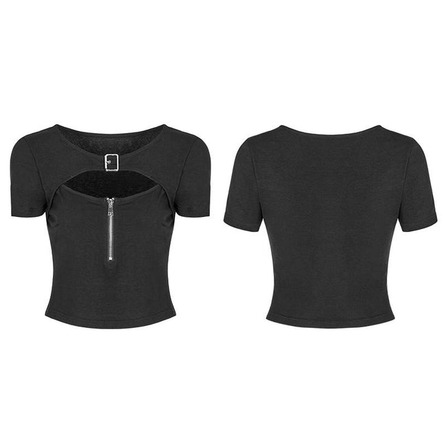 Hübsches Punk-Reißverschluss-Strick-enges kurzes T-Shirt der Frauen mit ausgehöhltem Design auf der Brust