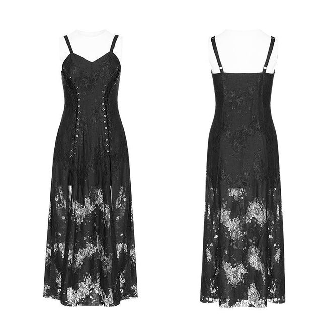 Gothic Dark Vintage Spitzenriemen Split Kleid mit Blumenmuster